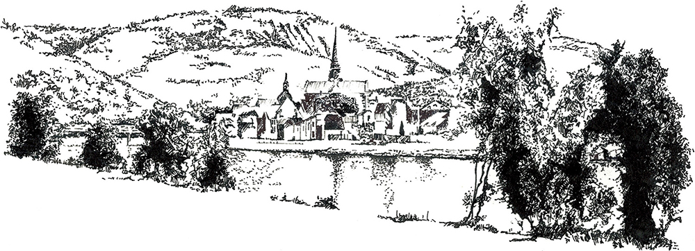 An ink drawing of a view in France