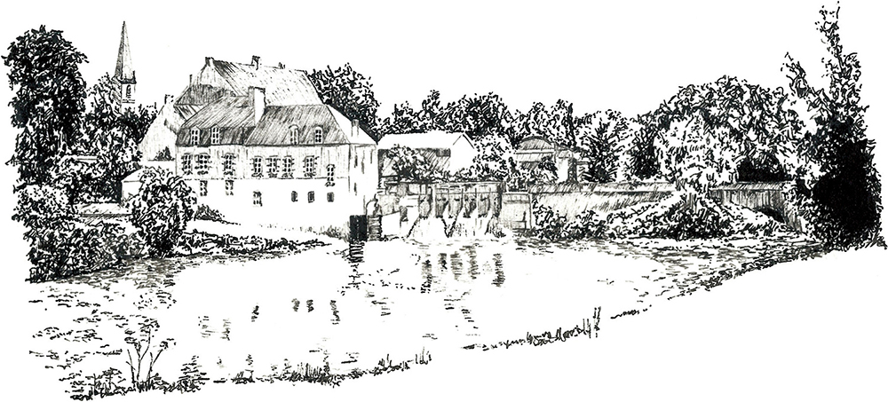 An ink drawing of a view in France