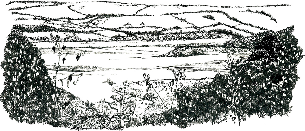 An ink drawing of a view in France